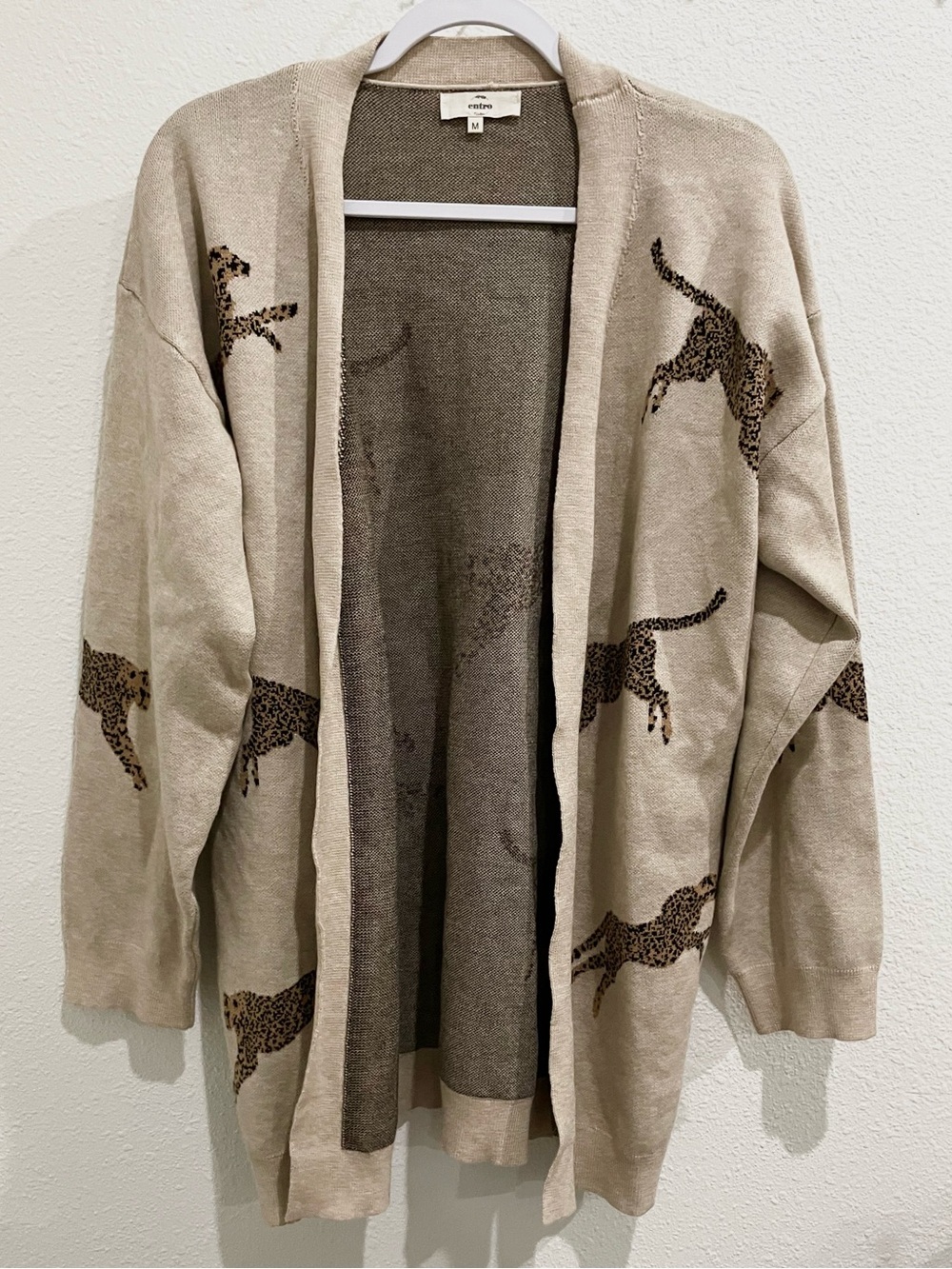 Entro Leopard Neutral Long Cardigan Boho Animal Print Twee